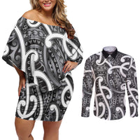 Aotearoa Maori Kowhaiwhai Couples Matching Off Shoulder Short Dress and Long Sleeve Button Shirt Kiwikiwi Puhoro and Patiki
