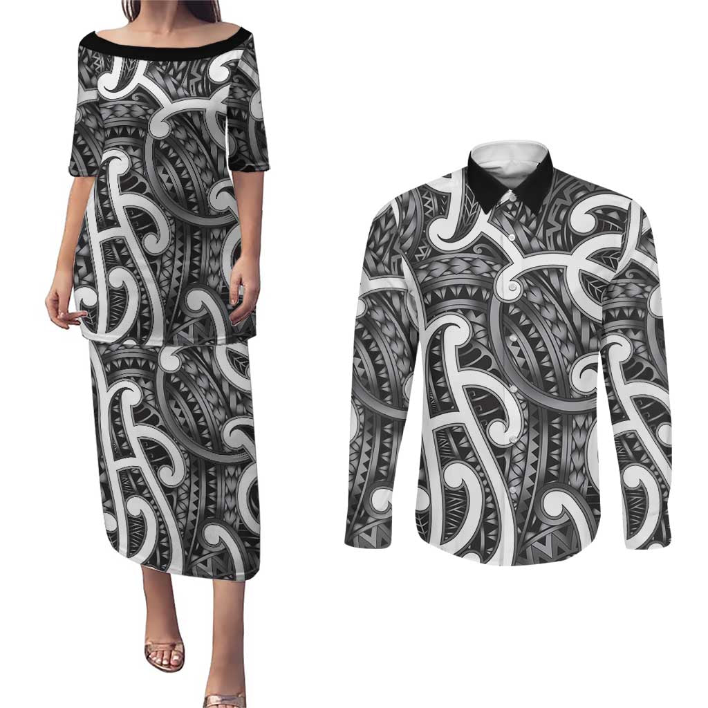 Aotearoa Maori Kowhaiwhai Couples Matching Puletasi and Long Sleeve Button Shirt Kiwikiwi Puhoro and Patiki