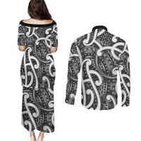 Aotearoa Maori Kowhaiwhai Couples Matching Puletasi and Long Sleeve Button Shirt Kiwikiwi Puhoro and Patiki