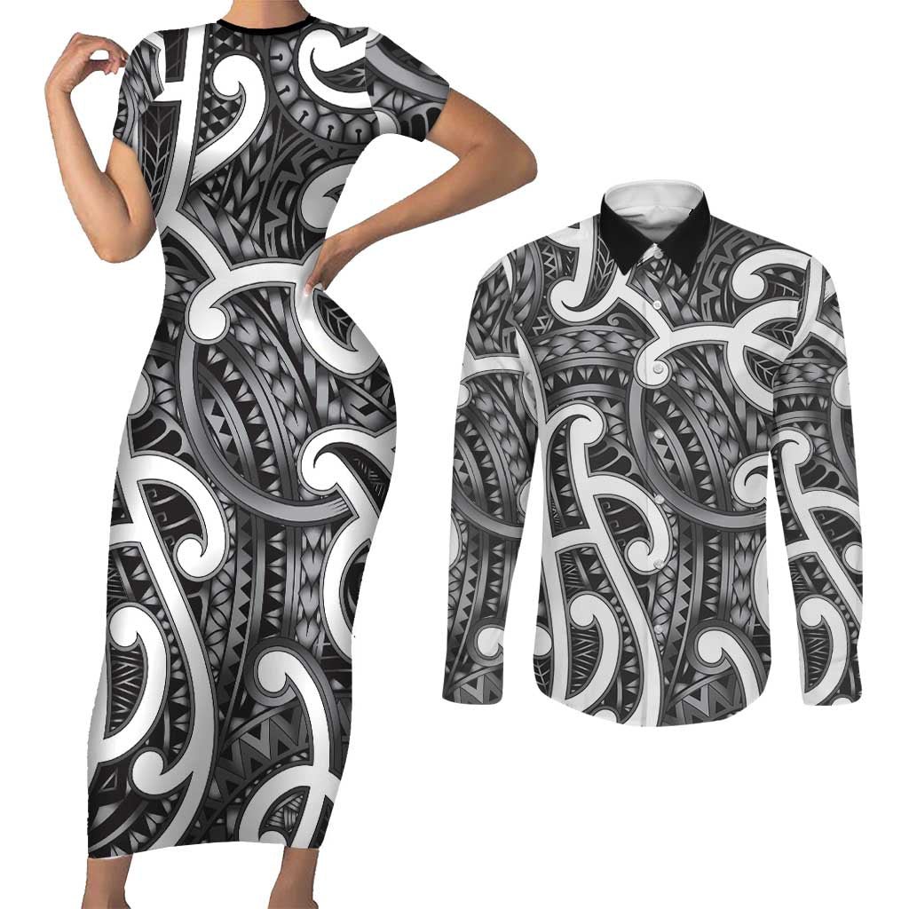 Aotearoa Maori Kowhaiwhai Couples Matching Short Sleeve Bodycon Dress and Long Sleeve Button Shirt Kiwikiwi Puhoro and Patiki
