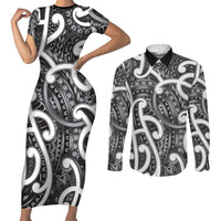 Aotearoa Maori Kowhaiwhai Couples Matching Short Sleeve Bodycon Dress and Long Sleeve Button Shirt Kiwikiwi Puhoro and Patiki LT9 Grey - Polynesian Pride