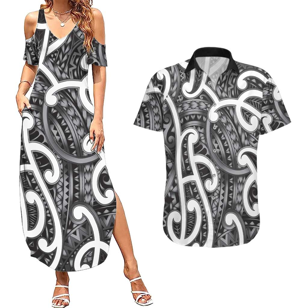 Aotearoa Maori Kowhaiwhai Couples Matching Summer Maxi Dress and Hawaiian Shirt Kiwikiwi Puhoro and Patiki LT9 Grey - Polynesian Pride