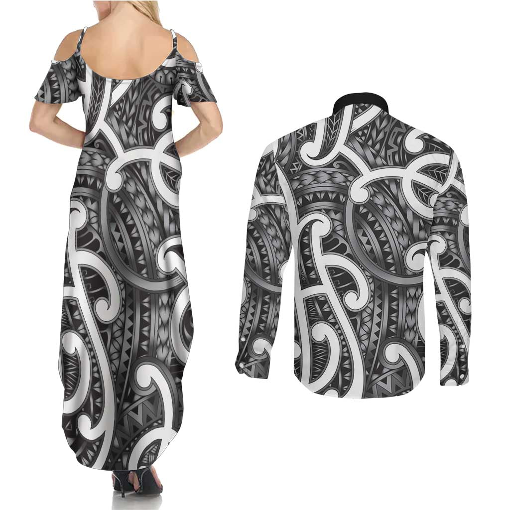 Aotearoa Maori Kowhaiwhai Couples Matching Summer Maxi Dress and Long Sleeve Button Shirt Kiwikiwi Puhoro and Patiki