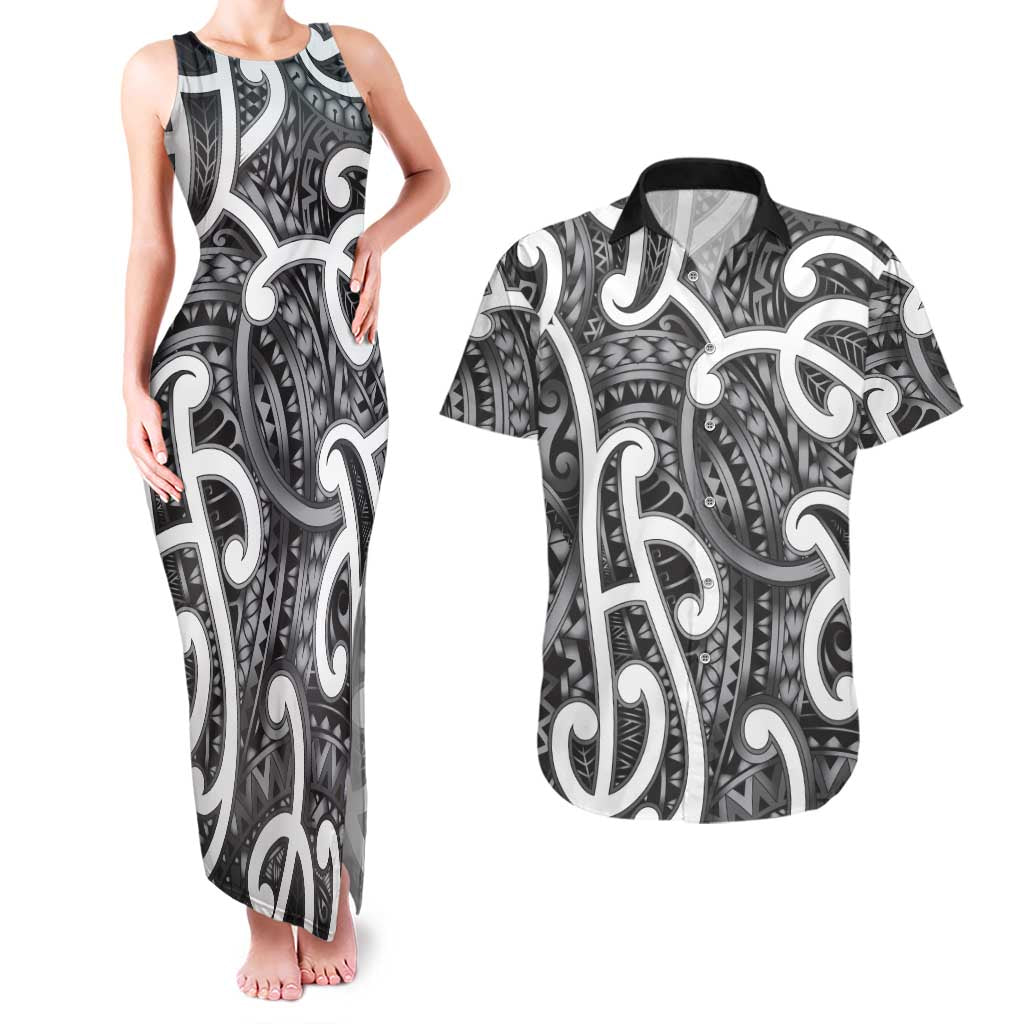 Aotearoa Maori Kowhaiwhai Couples Matching Tank Maxi Dress and Hawaiian Shirt Kiwikiwi Puhoro and Patiki LT9 Grey - Polynesian Pride