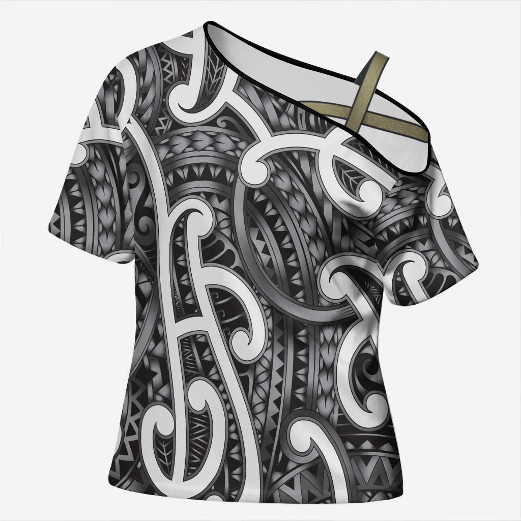 Aotearoa Maori Kowhaiwhai Cross Shoulder Shirt Kiwikiwi Puhoro and Patiki
