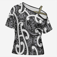 Aotearoa Maori Kowhaiwhai Cross Shoulder Shirt Kiwikiwi Puhoro and Patiki