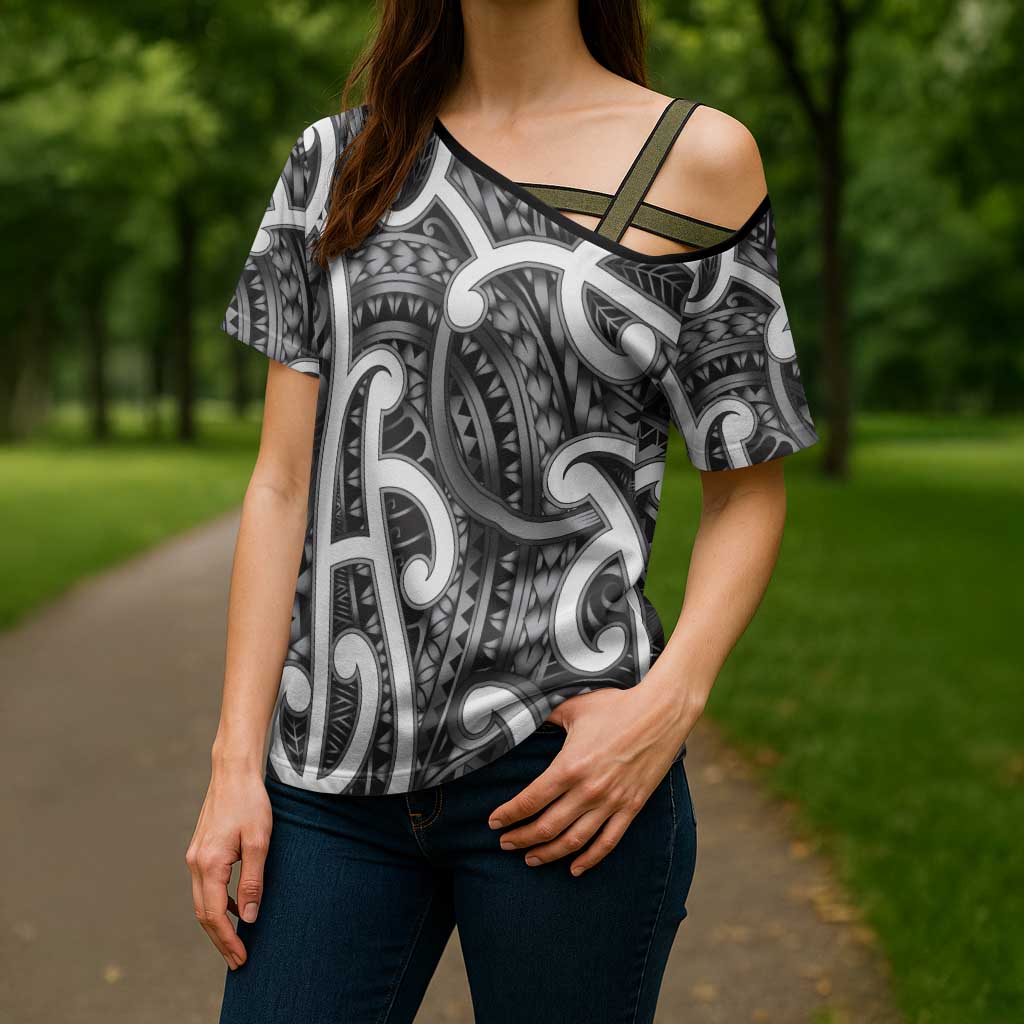Aotearoa Maori Kowhaiwhai Cross Shoulder Shirt Kiwikiwi Puhoro and Patiki