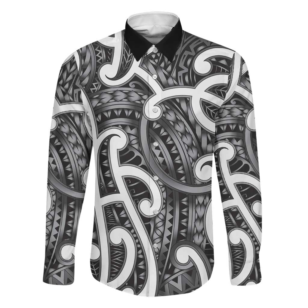 Aotearoa Maori Kowhaiwhai Family Matching Off Shoulder Maxi Dress and Hawaiian Shirt Kiwikiwi Puhoro and Patiki LT9 Dad's Shirt - Long Sleeve Grey - Polynesian Pride