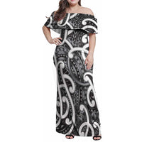 Aotearoa Maori Kowhaiwhai Family Matching Off Shoulder Maxi Dress and Hawaiian Shirt Kiwikiwi Puhoro and Patiki LT9 Mom's Dress Grey - Polynesian Pride