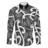 Aotearoa Maori Kowhaiwhai Family Matching Off Shoulder Short Dress and Hawaiian Shirt Kiwikiwi Puhoro and Patiki LT9 Dad's Shirt - Long Sleeve Grey - Polynesian Pride
