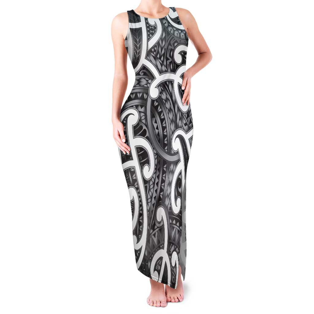 Aotearoa Maori Kowhaiwhai Family Matching Tank Maxi Dress and Hawaiian Shirt Kiwikiwi Puhoro and Patiki LT9 Mom's Dress Grey - Polynesian Pride