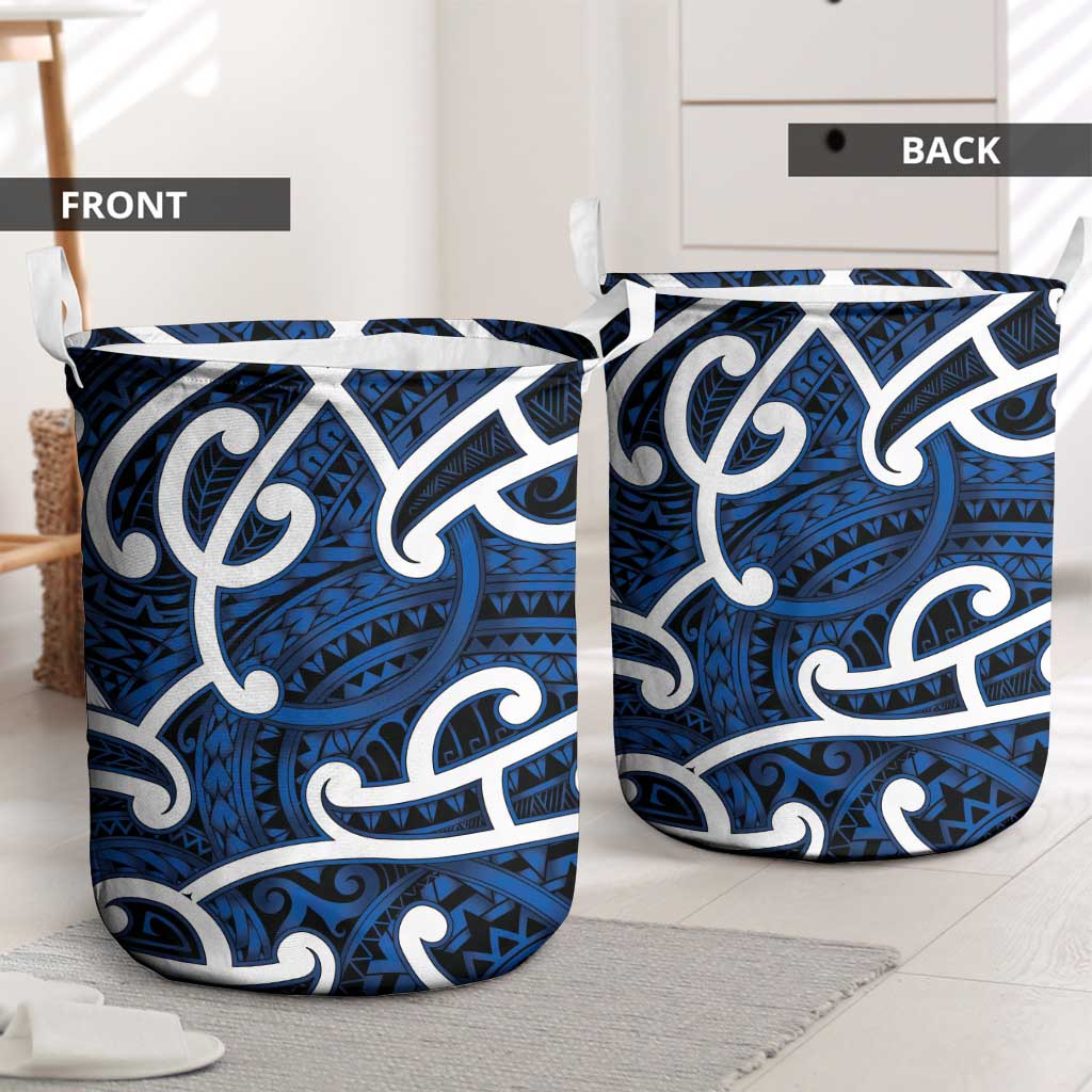 Aotearoa Maori Kowhaiwhai Laundry Basket Kikorangi Puhoro and Patiki