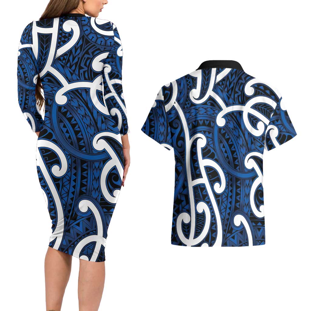 Aotearoa Maori Kowhaiwhai Couples Matching Long Sleeve Bodycon Dress and Hawaiian Shirt Kikorangi Puhoro and Patiki LT9 - Polynesian Pride