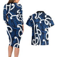 Aotearoa Maori Kowhaiwhai Couples Matching Long Sleeve Bodycon Dress and Hawaiian Shirt Kikorangi Puhoro and Patiki LT9 - Polynesian Pride