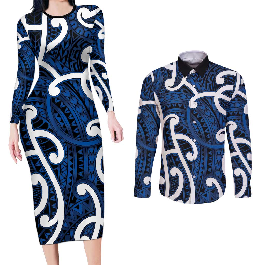 Aotearoa Maori Kowhaiwhai Couples Matching Long Sleeve Bodycon Dress and Long Sleeve Button Shirt Kikorangi Puhoro and Patiki LT9 Blue - Polynesian Pride
