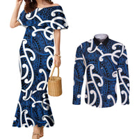 Aotearoa Maori Kowhaiwhai Couples Matching Mermaid Dress and Long Sleeve Button Shirt Kikorangi Puhoro and Patiki LT9 Blue - Polynesian Pride