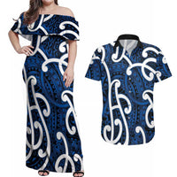 Aotearoa Maori Kowhaiwhai Couples Matching Off Shoulder Maxi Dress and Hawaiian Shirt Kikorangi Puhoro and Patiki LT9 Blue - Polynesian Pride