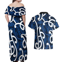 Aotearoa Maori Kowhaiwhai Couples Matching Off Shoulder Maxi Dress and Hawaiian Shirt Kikorangi Puhoro and Patiki LT9 - Polynesian Pride