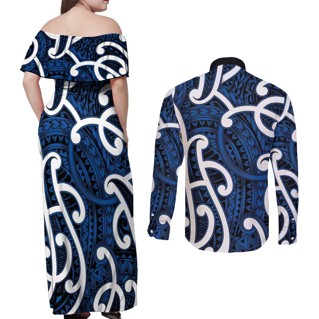 Aotearoa Maori Kowhaiwhai Couples Matching Off Shoulder Maxi Dress and Long Sleeve Button Shirt Kikorangi Puhoro and Patiki LT9 - Polynesian Pride