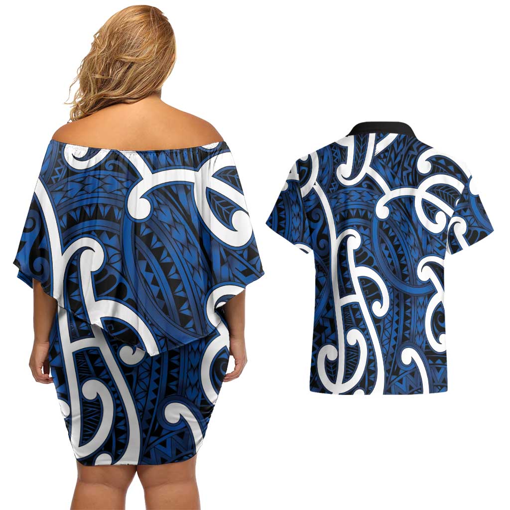 Aotearoa Maori Kowhaiwhai Couples Matching Off Shoulder Short Dress and Hawaiian Shirt Kikorangi Puhoro and Patiki LT9 - Polynesian Pride