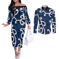 Aotearoa Maori Kowhaiwhai Couples Matching Off The Shoulder Long Sleeve Dress and Long Sleeve Button Shirt Kikorangi Puhoro and Patiki LT9 Blue - Polynesian Pride