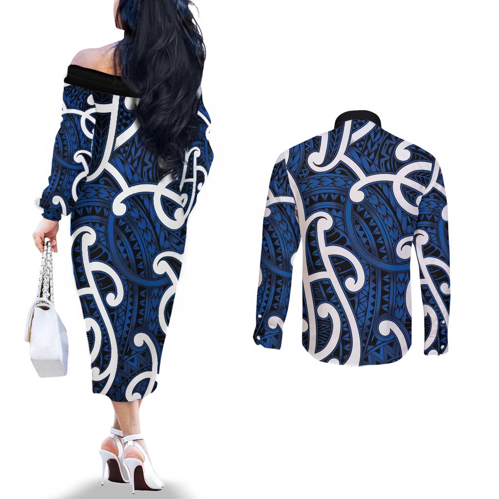 Aotearoa Maori Kowhaiwhai Couples Matching Off The Shoulder Long Sleeve Dress and Long Sleeve Button Shirt Kikorangi Puhoro and Patiki LT9 - Polynesian Pride