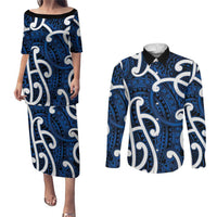 Aotearoa Maori Kowhaiwhai Couples Matching Puletasi and Long Sleeve Button Shirt Kikorangi Puhoro and Patiki