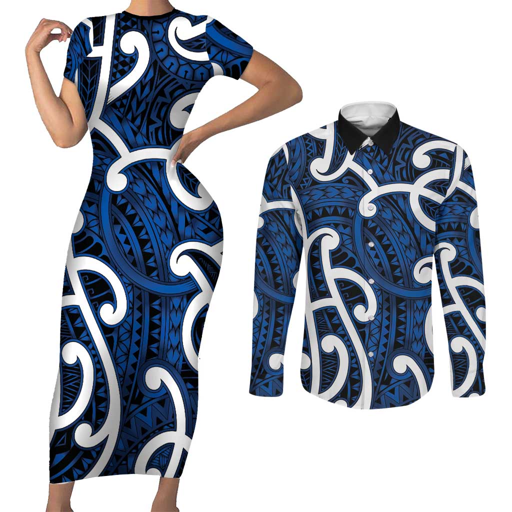 Aotearoa Maori Kowhaiwhai Couples Matching Short Sleeve Bodycon Dress and Long Sleeve Button Shirt Kikorangi Puhoro and Patiki LT9 Blue - Polynesian Pride