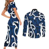 Aotearoa Maori Kowhaiwhai Couples Matching Short Sleeve Bodycon Dress and Long Sleeve Button Shirt Kikorangi Puhoro and Patiki LT9 - Polynesian Pride