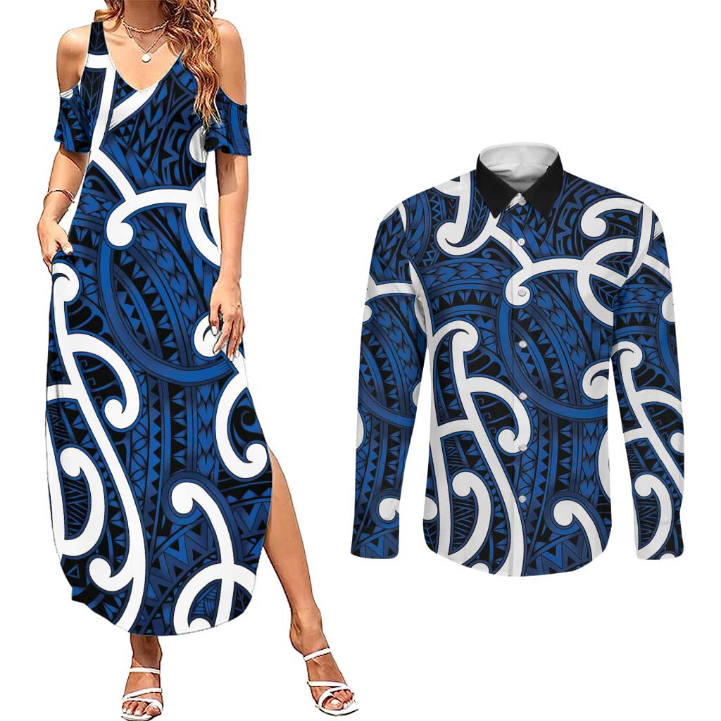 Aotearoa Maori Kowhaiwhai Couples Matching Summer Maxi Dress and Long Sleeve Button Shirt Kikorangi Puhoro and Patiki