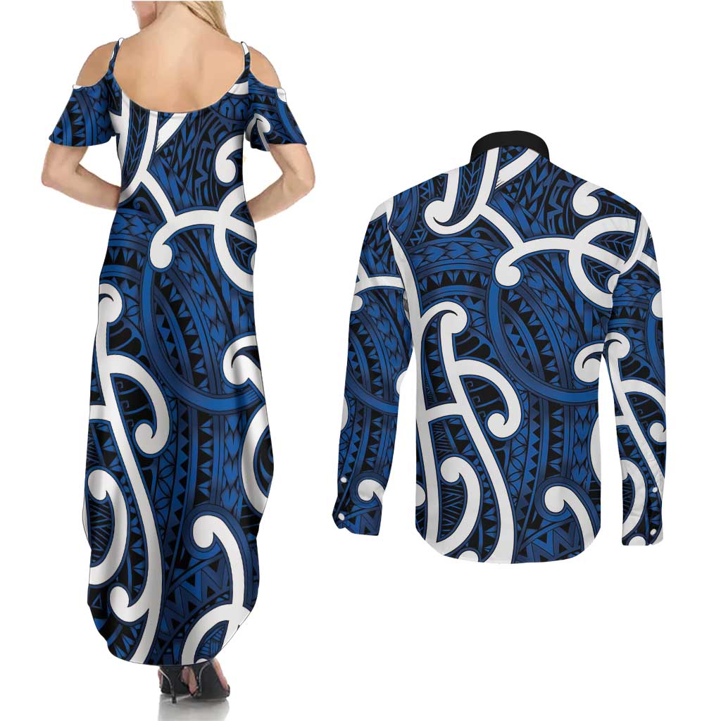 Aotearoa Maori Kowhaiwhai Couples Matching Summer Maxi Dress and Long Sleeve Button Shirt Kikorangi Puhoro and Patiki LT9 - Polynesian Pride