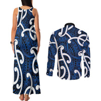 Aotearoa Maori Kowhaiwhai Couples Matching Tank Maxi Dress and Long Sleeve Button Shirt Kikorangi Puhoro and Patiki LT9 - Polynesian Pride