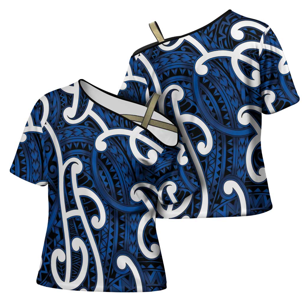 Aotearoa Maori Kowhaiwhai Cross Shoulder Shirt Kikorangi Puhoro and Patiki