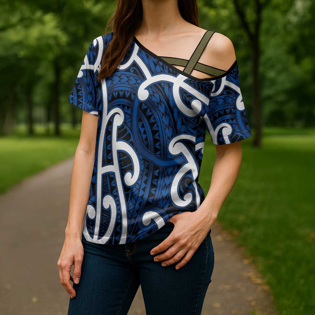 Aotearoa Maori Kowhaiwhai Cross Shoulder Shirt Kikorangi Puhoro and Patiki