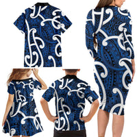 Aotearoa Maori Kowhaiwhai Family Matching Long Sleeve Bodycon Dress and Hawaiian Shirt Kikorangi Puhoro and Patiki LT9 - Polynesian Pride