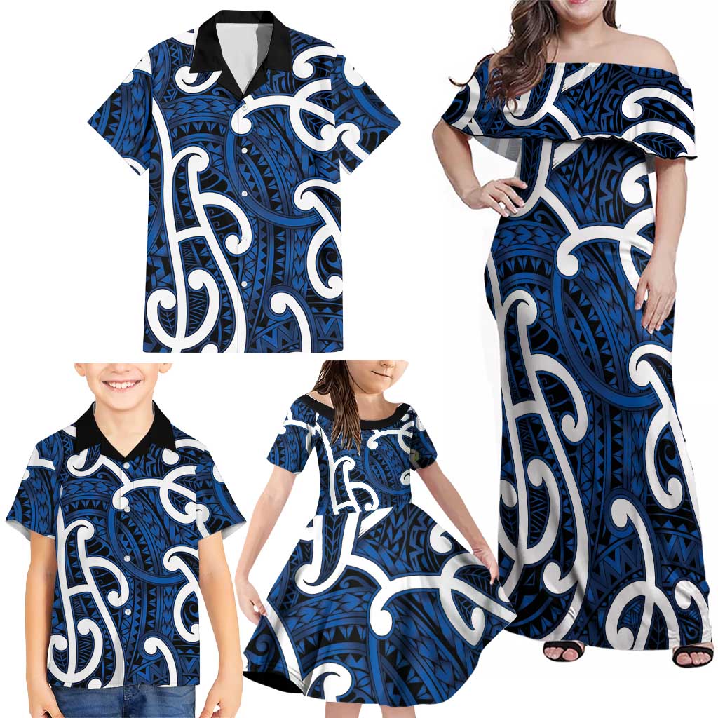 Aotearoa Maori Kowhaiwhai Family Matching Off Shoulder Maxi Dress and Hawaiian Shirt Kikorangi Puhoro and Patiki LT9 - Polynesian Pride