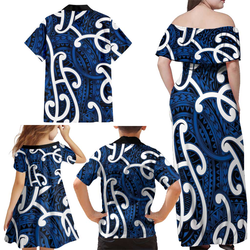 Aotearoa Maori Kowhaiwhai Family Matching Off Shoulder Maxi Dress and Hawaiian Shirt Kikorangi Puhoro and Patiki LT9 - Polynesian Pride