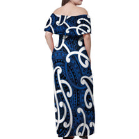 Aotearoa Maori Kowhaiwhai Family Matching Off Shoulder Maxi Dress and Hawaiian Shirt Kikorangi Puhoro and Patiki LT9 - Polynesian Pride