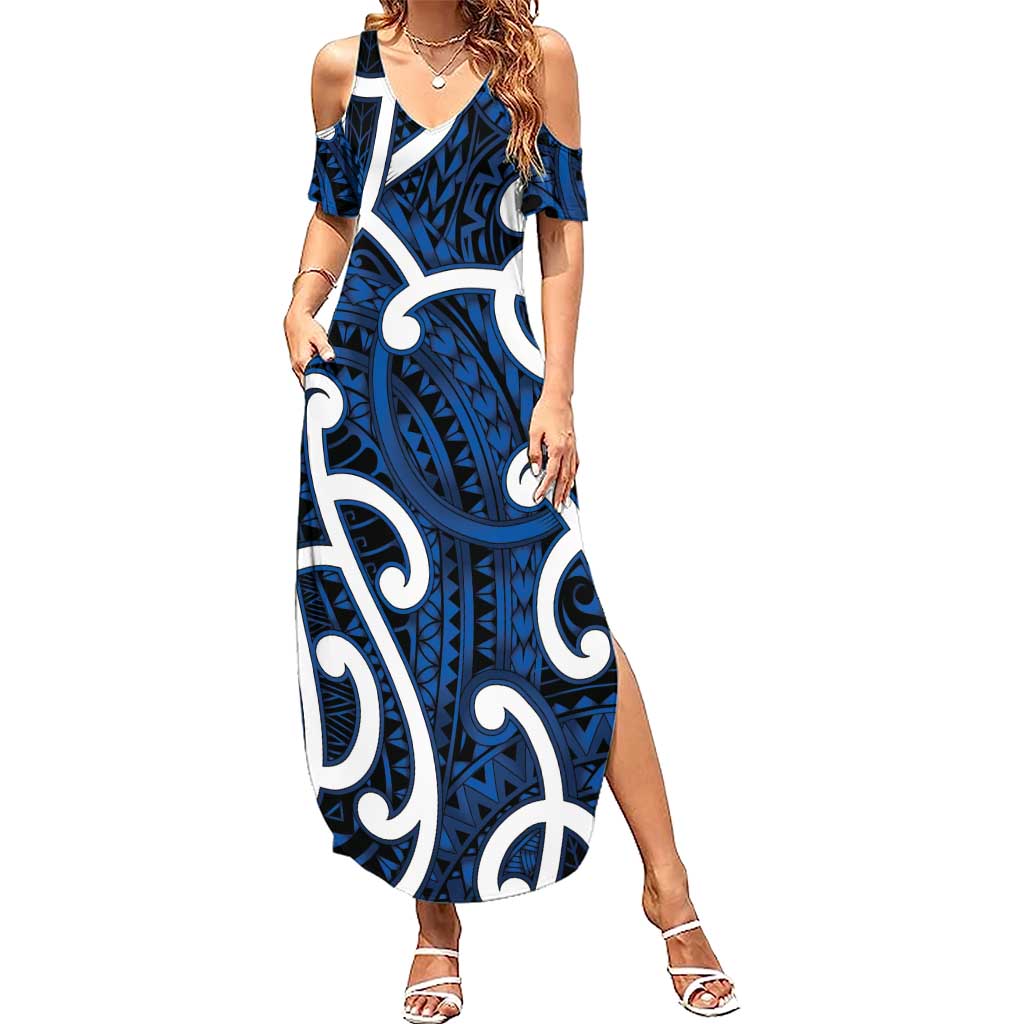 Aotearoa Maori Kowhaiwhai Family Matching Summer Maxi Dress and Hawaiian Shirt Kikorangi Puhoro and Patiki LT9 Mom's Dress Blue - Polynesian Pride