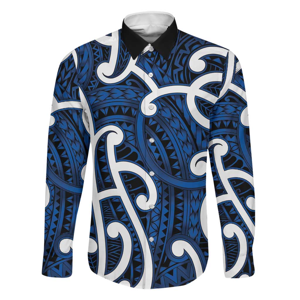 Aotearoa Maori Kowhaiwhai Family Matching Tank Maxi Dress and Hawaiian Shirt Kikorangi Puhoro and Patiki LT9 Dad's Shirt - Long Sleeve Blue - Polynesian Pride