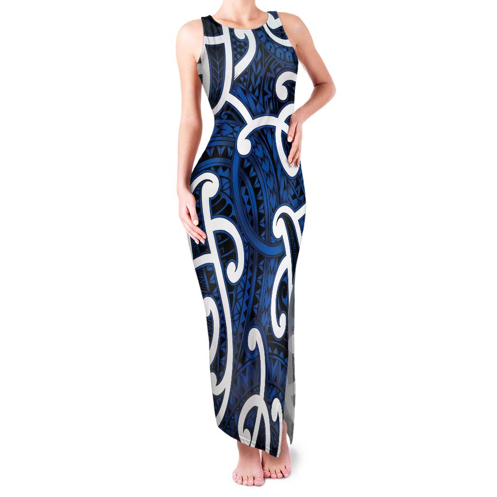 Aotearoa Maori Kowhaiwhai Family Matching Tank Maxi Dress and Hawaiian Shirt Kikorangi Puhoro and Patiki LT9 Mom's Dress Blue - Polynesian Pride