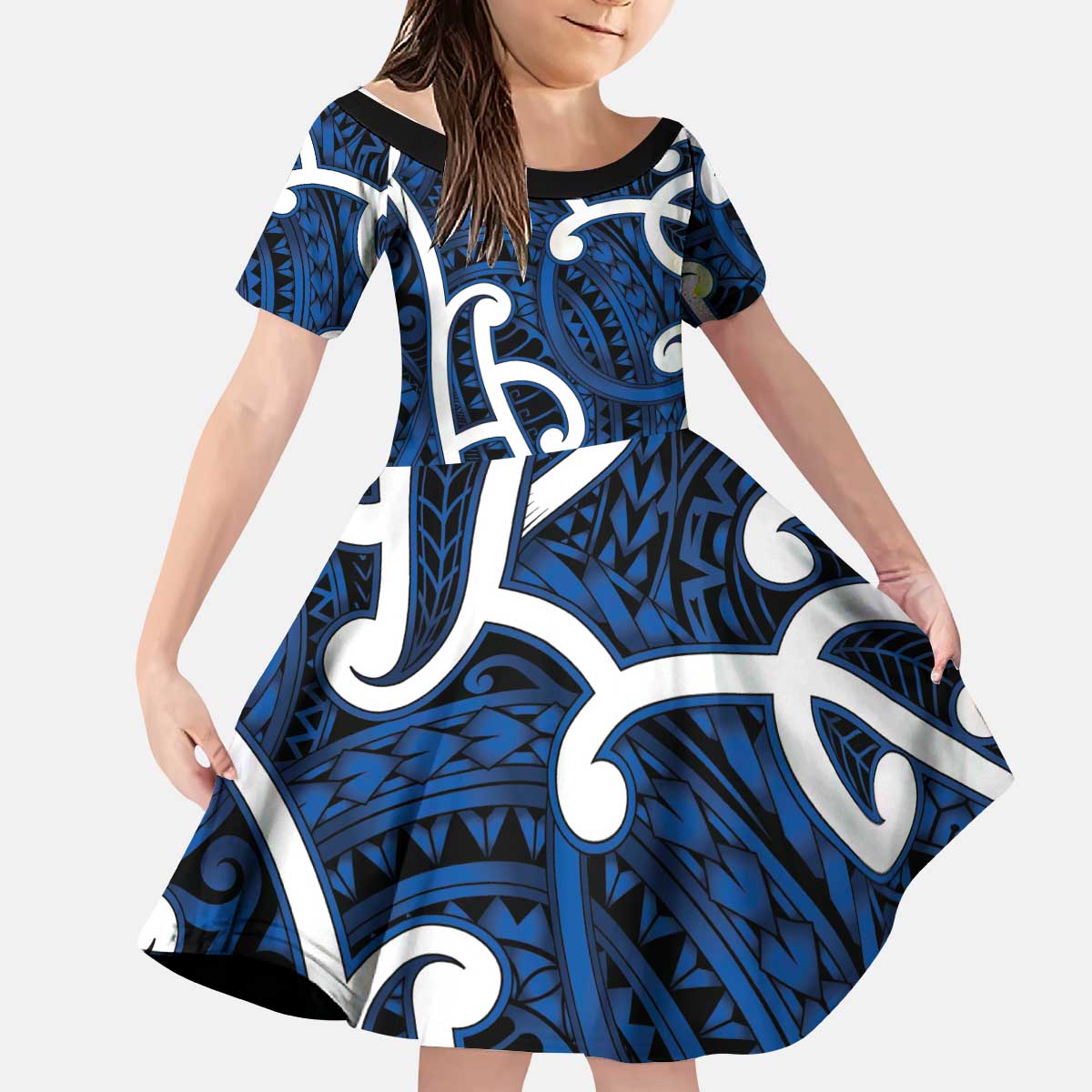 Aotearoa Maori Kowhaiwhai Kid Short Sleeve Dress Kikorangi Puhoro and Patiki