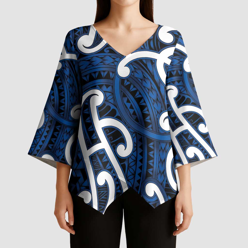 Aotearoa Maori Kowhaiwhai Kimono Sleeve Blouse Kikorangi Puhoro and Patiki