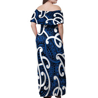 Aotearoa Maori Kowhaiwhai Off Shoulder Maxi Dress Kikorangi Puhoro and Patiki