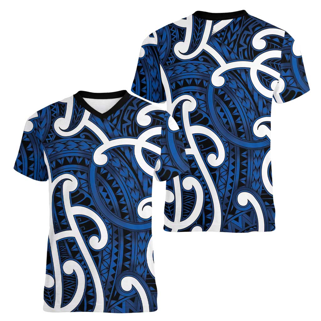 Aotearoa Maori Kowhaiwhai Women V-Neck T-Shirt Kikorangi Puhoro and Patiki LT9 - Polynesian Pride