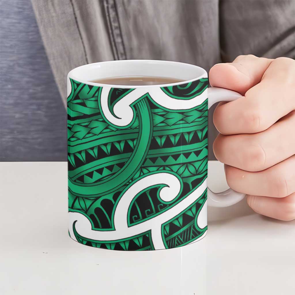 Aotearoa Maori Kowhaiwhai Ceramic Mug Kakariki Puhoro and Patiki