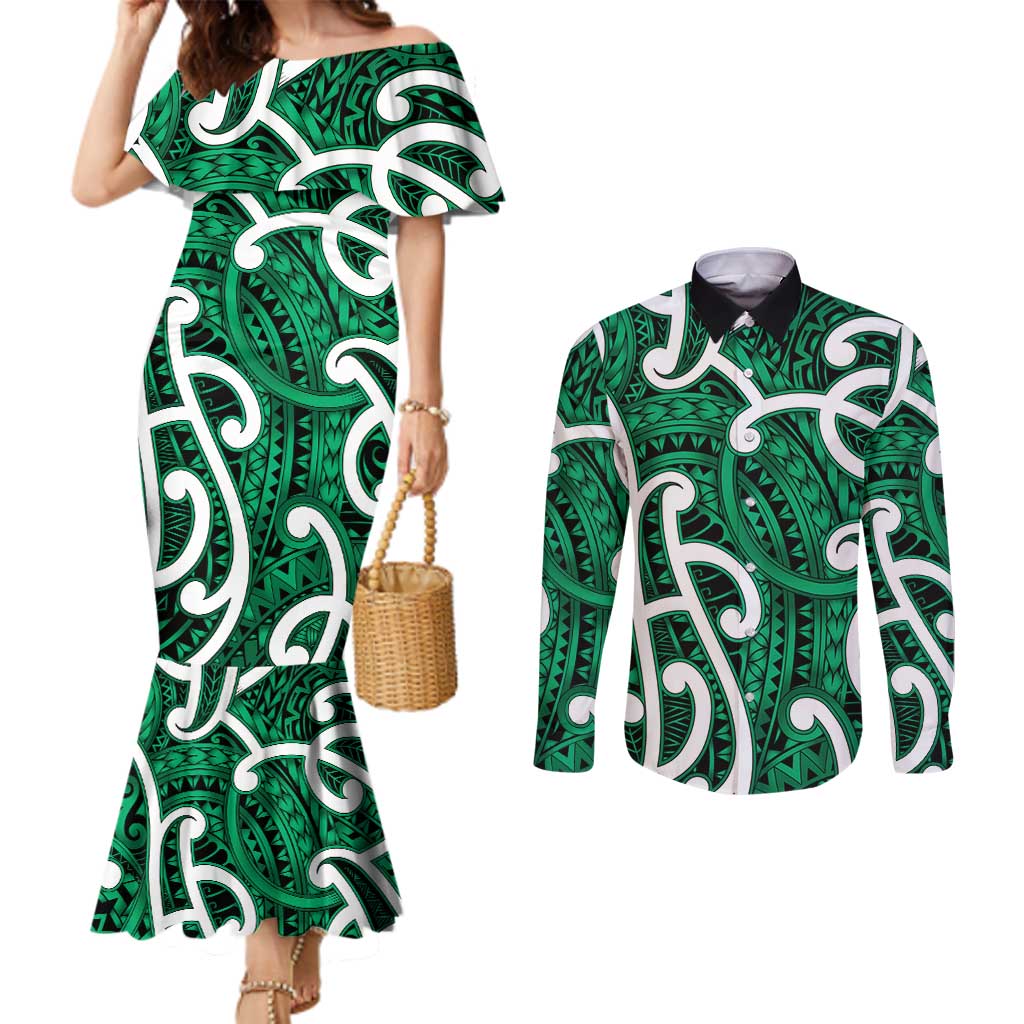 Aotearoa Maori Kowhaiwhai Couples Matching Mermaid Dress and Long Sleeve Button Shirt Kakariki Puhoro and Patiki LT9 Green - Polynesian Pride