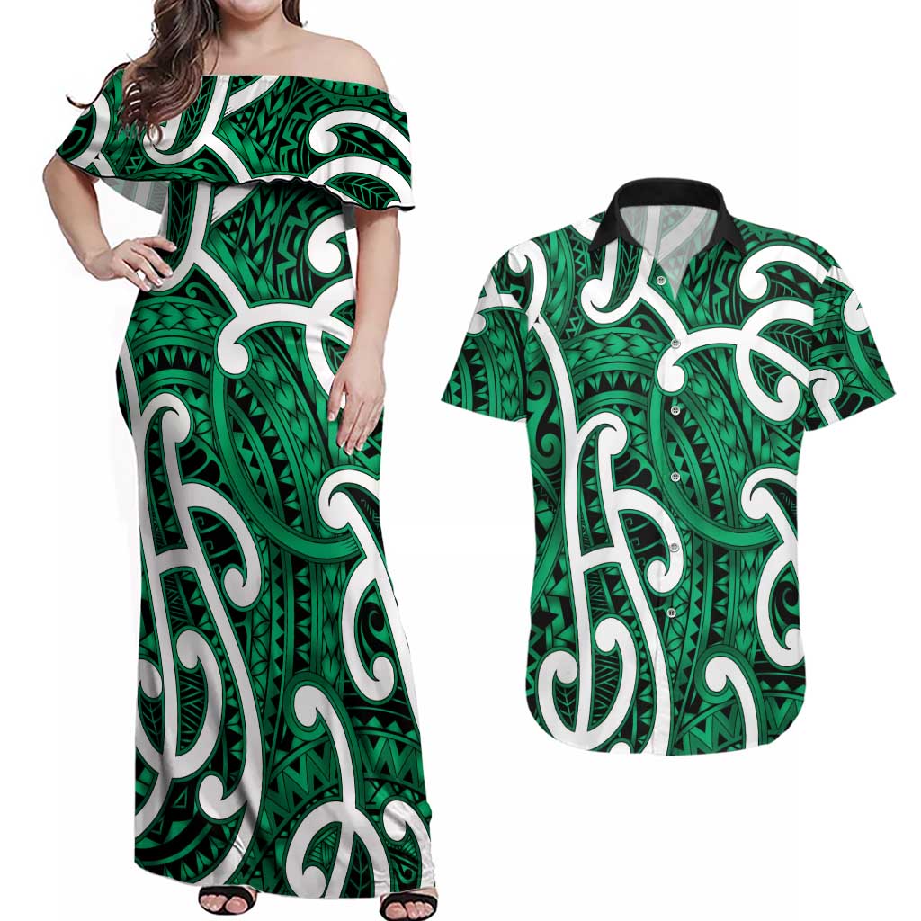 Aotearoa Maori Kowhaiwhai Couples Matching Off Shoulder Maxi Dress and Hawaiian Shirt Kakariki Puhoro and Patiki LT9 Green - Polynesian Pride