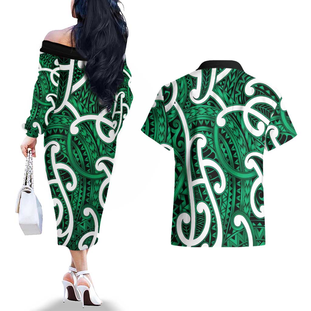 Aotearoa Maori Kowhaiwhai Couples Matching Off The Shoulder Long Sleeve Dress and Hawaiian Shirt Kakariki Puhoro and Patiki LT9 - Polynesian Pride
