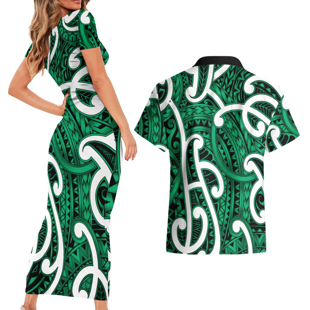 Aotearoa Maori Kowhaiwhai Couples Matching Short Sleeve Bodycon Dress and Hawaiian Shirt Kakariki Puhoro and Patiki LT9 - Polynesian Pride